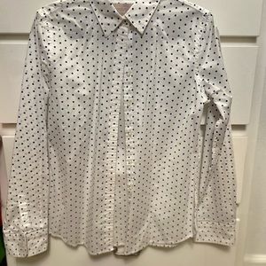 White long sleeve blouse with blue polka dotes